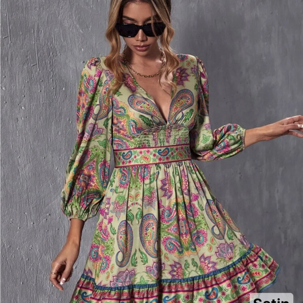 SHEIN X Marina Oliveira Multicolor Paisley Long Sleeve Dress Large - Picture 5 of 7